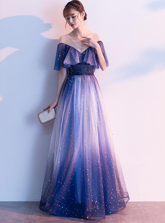 Beautiful Blue Tulle Gradient Long Bridesmaid Dress, Wedding Party Dre Beautiful Blue Tulle Gradient Long Bridesmaid Dress, Wedding Party Dre