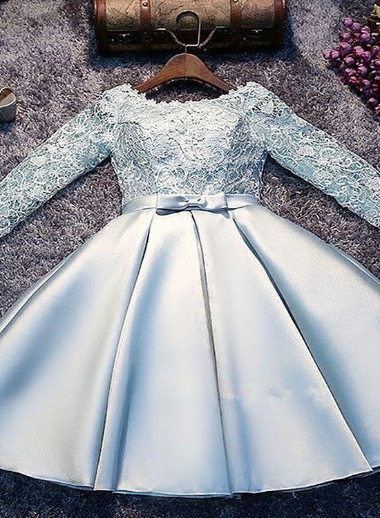 Light Blue Satin and Lace Long Sleeves Party Dress, Cute Short Graduat Cutedressy Light Blue Satin and Lace Long Sleeves Party Dress, Cute Short Graduat Cutedressy