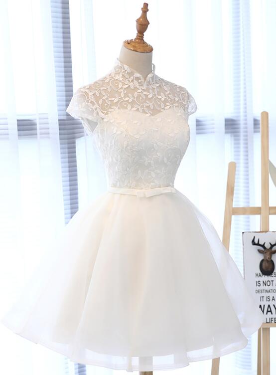 Cute White Tulle Short Lace Cap Sleeves Party Dress, White Homecoming Cutedressy Cute White Tulle Short Lace Cap Sleeves Party Dress, White Homecoming Cutedressy