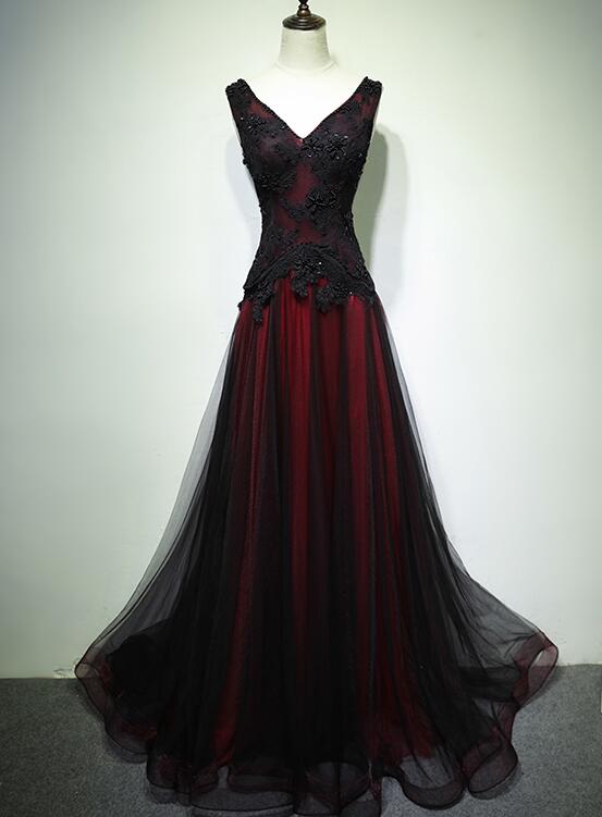 Gorgeous Black and Red V-neckline Tulle Beaded Prom Dress, Long Evenin Gorgeous Black and Red V-neckline Tulle Beaded Prom Dress, Long Evenin