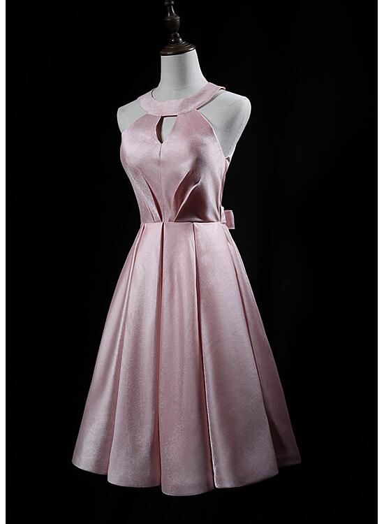 Pink Cute Short Satin Halter Homecoming Dress with Bow, Pink Prom Dres Cutedressy Pink Cute Short Satin Halter Homecoming Dress with Bow, Pink Prom Dres Cutedressy