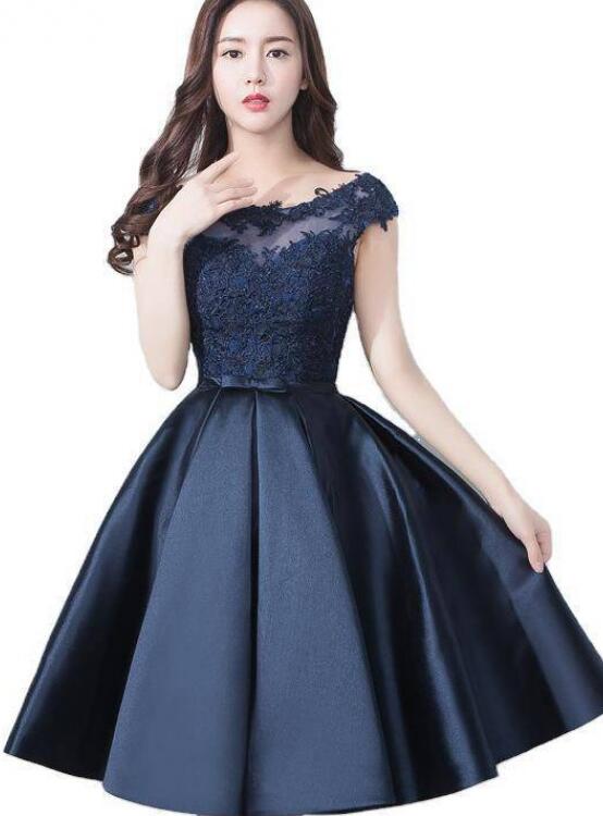 Beautiful Navy Blue Satin and Lace Knee Length Homecoming Dress, Short Cutedressy Beautiful Navy Blue Satin and Lace Knee Length Homecoming Dress, Short Cutedressy