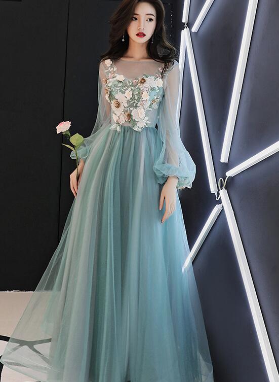 Light Green Tulle Long Party Dress with Flowers, Long Formal Dresses Cutedressy Light Green Tulle Long Party Dress with Flowers, Long Formal Dresses Cutedressy
