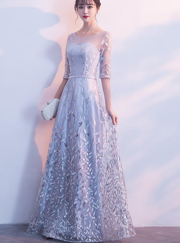 Grey A-line Tulle with Lace Short Sleeves Formal Dress, Grey Party Dre Cutedressy Grey A-line Tulle with Lace Short Sleeves Formal Dress, Grey Party Dre Cutedressy