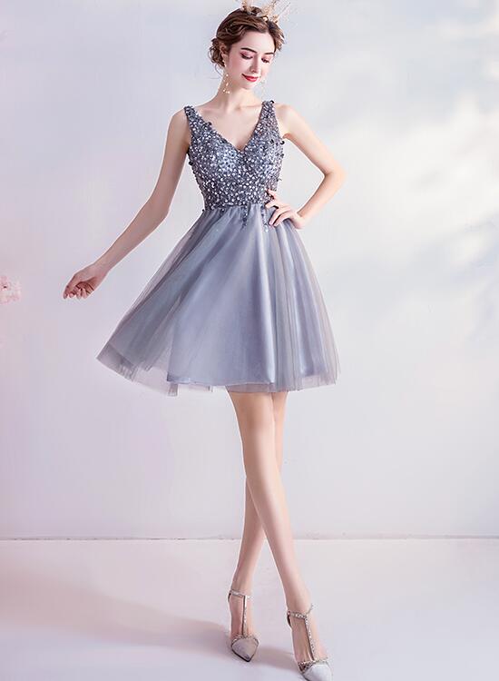 Sliver-Grey Beaded Short Tulle New Homecoming Dress Party Dress, Grey Cutedressy Sliver-Grey Beaded Short Tulle New Homecoming Dress Party Dress, Grey Cutedressy