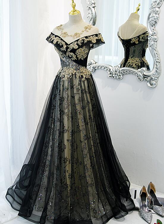 Beautiful Black Off Shoulder A-line Party Dress with Gold Lace, Black Cutedressy Beautiful Black Off Shoulder A-line Party Dress with Gold Lace, Black Cutedressy