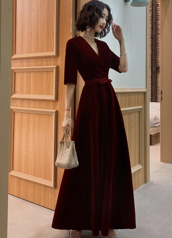Wine Red Velvet Short Sleeves V-neckline Simple Wedding Party