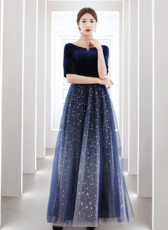 Simple Long Velvet and Tulle Short Sleeves Prom Dress Evening Dress, B Cutedressy Simple Long Velvet and Tulle Short Sleeves Prom Dress Evening Dress, B Cutedressy
