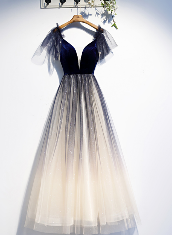 Beautiful Blue Gradient Tulle Short Sleeves Party Dresses, Blue Evenin Cutedressy Beautiful Blue Gradient Tulle Short Sleeves Party Dresses, Blue Evenin Cutedressy