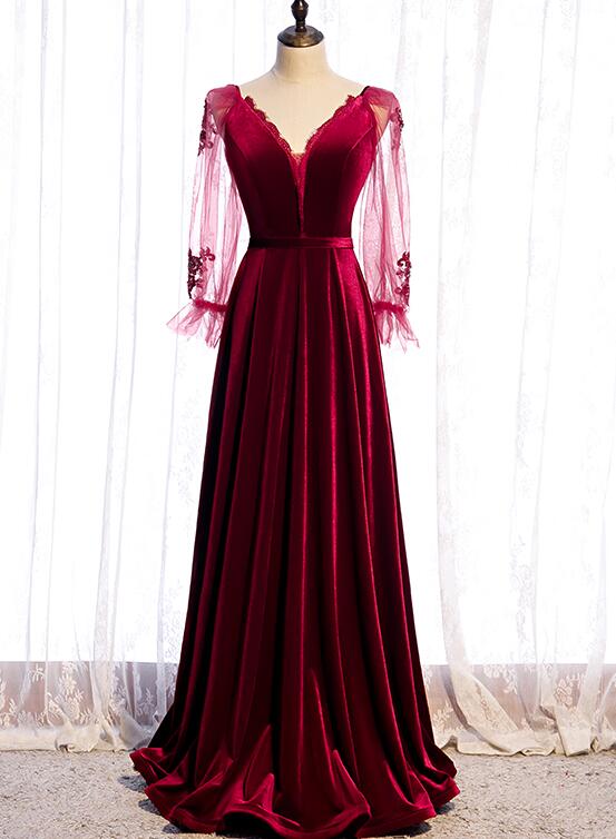 Wine Red Velvet Long Party Dress Prom Dress, A-line Long Sleeves Forma Cutedressy Wine Red Velvet Long Party Dress Prom Dress, A-line Long Sleeves Forma Cutedressy