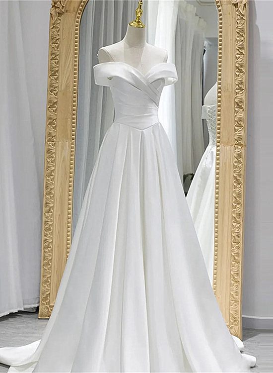 White Off Shoulder Satin Long Prom Dress, White Wedding Party Dresses Cutedressy White Off Shoulder Satin Long Prom Dress, White Wedding Party Dresses Cutedressy