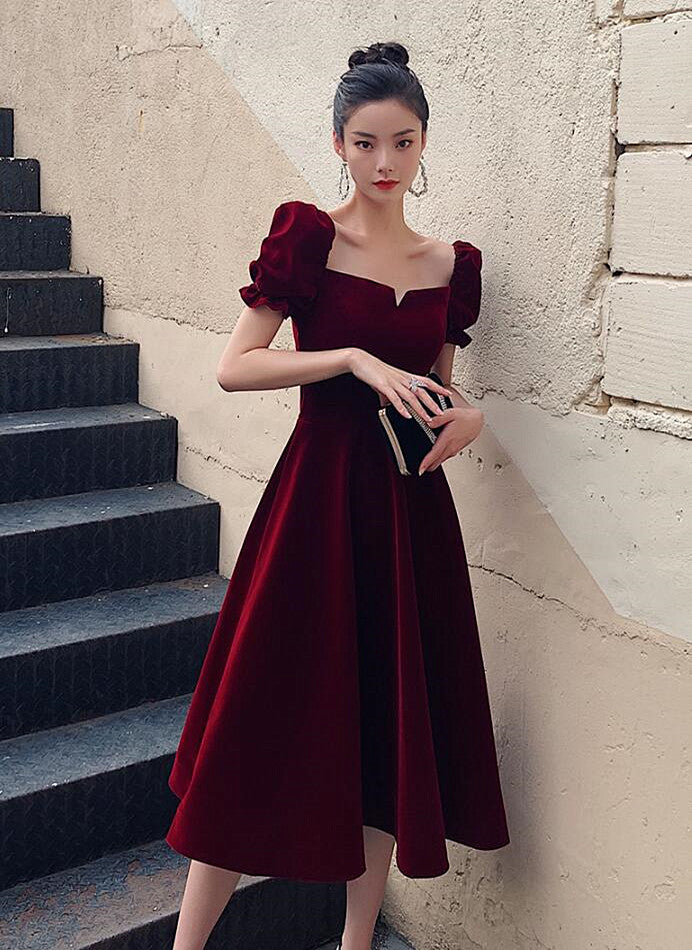 Wine Red Velvet Tea Length Short Sleeves Party Dress, Dark Red Evening