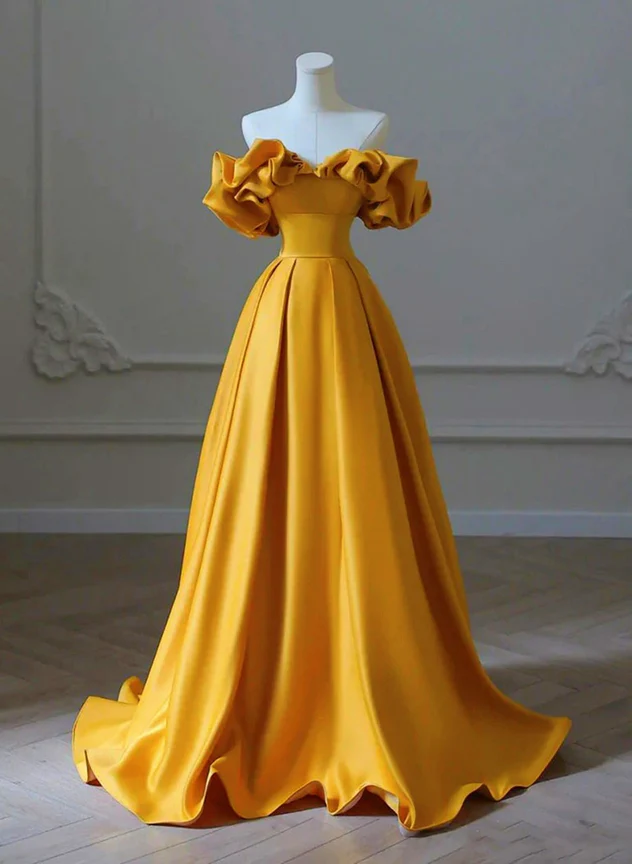 Charming Gold Satin Long Party Dress, Off Shoulder A-line Prom Dress Cutedressy Charming Gold Satin Long Party Dress, Off Shoulder A-line Prom Dress Cutedressy