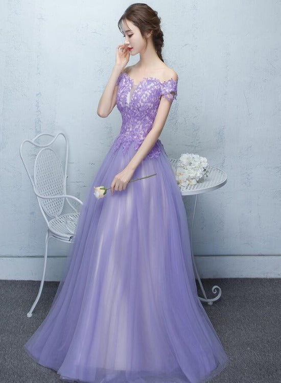 Light Purple Tulle with Lace Applique Off Shoulder Party Gown, Prom Dr Cutedressy Light Purple Tulle with Lace Applique Off Shoulder Party Gown, Prom Dr Cutedressy