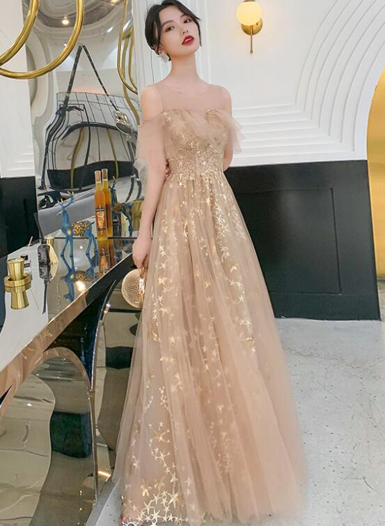 Champagne Tulle Long Party Dress Formal Dress, A-line Off Shoulder Pro Cutedressy Champagne Tulle Long Party Dress Formal Dress, A-line Off Shoulder Pro Cutedressy