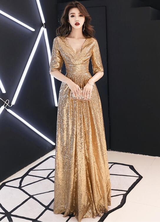 Shiny Sequins Golden Long Bridesmaid Dress, V-neckline Prom Dress Cutedressy Shiny Sequins Golden Long Bridesmaid Dress, V-neckline Prom Dress Cutedressy
