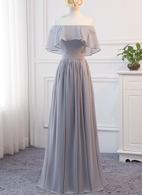 Beautiful Light Grey Chiffon Off Shoulder Party Dress, Long Grey Bride Cutedressy Beautiful Light Grey Chiffon Off Shoulder Party Dress, Long Grey Bride Cutedressy