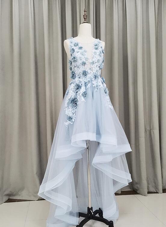 Light Blue Tulle Flowers High Low New Party Dress Blue Prom