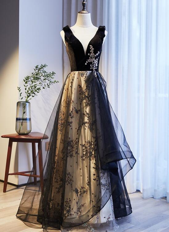 Black V-neckline Velvet and Tulle New Style Prom Dress, Black Party Dr – Cutedressy Black V-neckline Velvet and Tulle New Style Prom Dress, Black Party Dr – Cutedressy