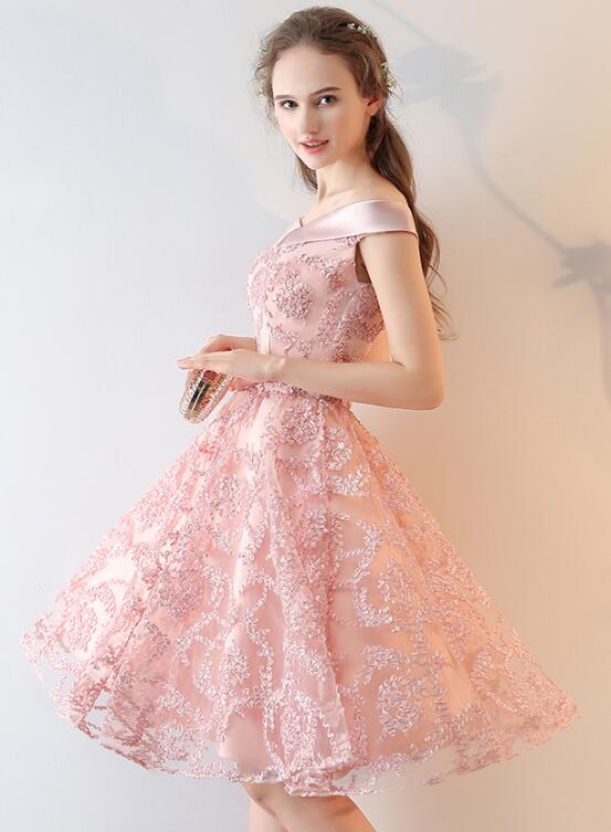 Pink Lace Off Shoulder Short Party Dress Homecoming Dress, Pink Prom D Cutedressy Pink Lace Off Shoulder Short Party Dress Homecoming Dress, Pink Prom D Cutedressy