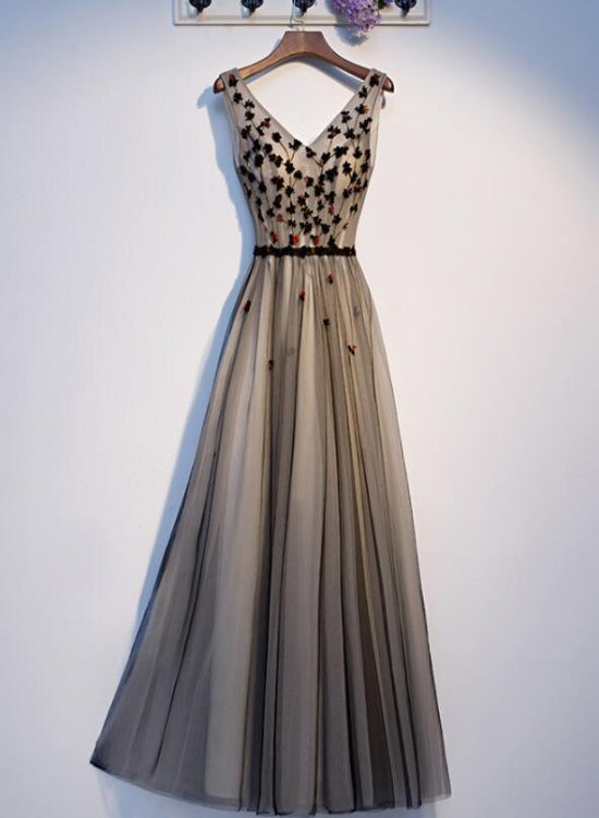 Lovely V-neckline Tulle Beaded Black and Champagne Prom Dress, Tulle E Cutedressy Lovely V-neckline Tulle Beaded Black and Champagne Prom Dress, Tulle E Cutedressy