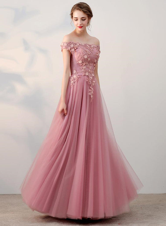Elegant Pink Tulle Off Shoulder Evening Gowns, Pink One Shoulder Prom Cutedressy Elegant Pink Tulle Off Shoulder Evening Gowns, Pink One Shoulder Prom Cutedressy