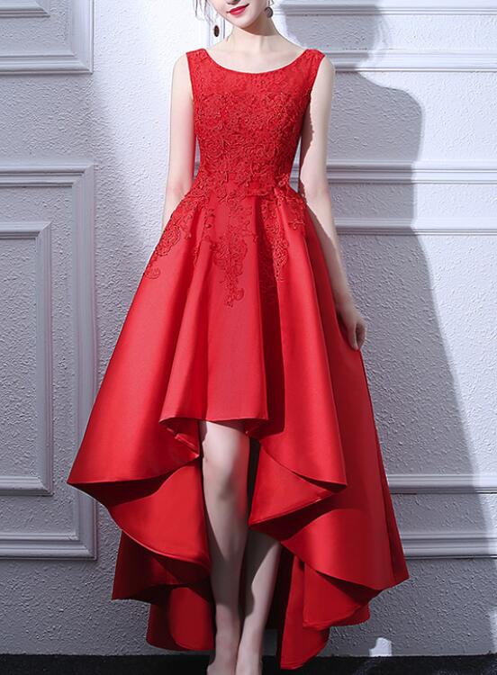 Beautiful Red Satin and Lace High Low Round Neckline Party Dress, Red Cutedressy Beautiful Red Satin and Lace High Low Round Neckline Party Dress, Red Cutedressy