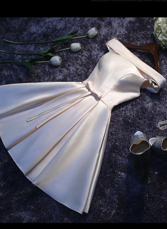 Charming Off Shoulder Satin Ivory Short Party Dress, Bridesmaid Dresse Cutedressy Charming Off Shoulder Satin Ivory Short Party Dress, Bridesmaid Dresse Cutedressy