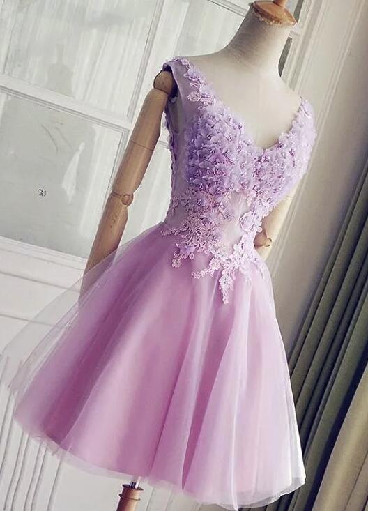 Lavender Short Lovely Floral and Applique Homecoming Dress, Charming P Cutedressy Lavender Short Lovely Floral and Applique Homecoming Dress, Charming P Cutedressy