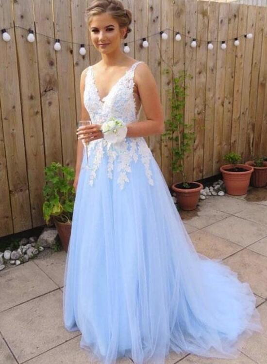 Light Blue Tulle with White Lace Applique Floor Length Party Dress, El Cutedressy Light Blue Tulle with White Lace Applique Floor Length Party Dress, El Cutedressy