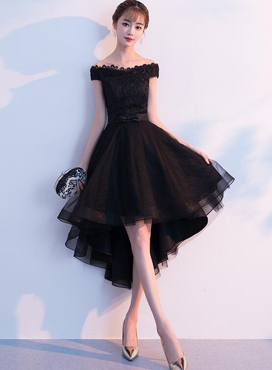 Black Tulle Lace Off Shoulder Homecoming Dress, High Low Fashionable P