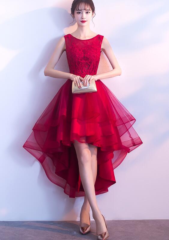 red homecoming dress long Red Sheer Long Sleeve A-Line midi Red homecoming dresses with Jewel Neckline and Backless