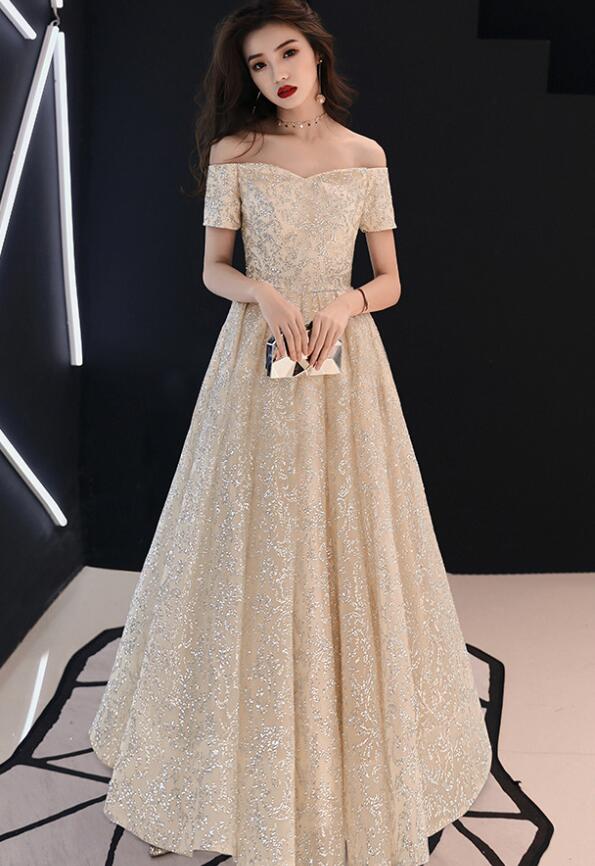 Beautiful Off Shoulder Gold Long Prom Dress , Junior Party Dress Cutedressy Beautiful Off Shoulder Gold Long Prom Dress , Junior Party Dress Cutedressy