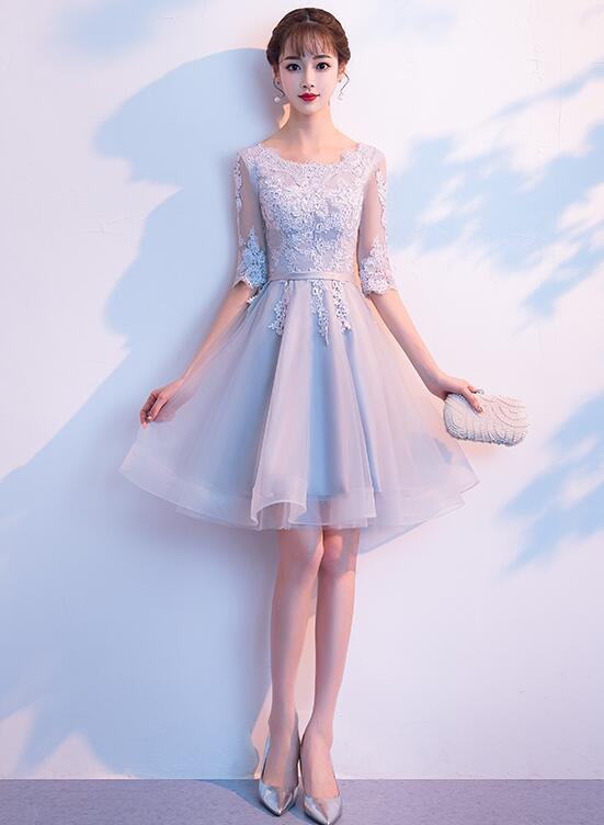 Light Grey Short Sleeves Tulle with Lace Party Dress, Bridesmaid Dress Cutedressy Light Grey Short Sleeves Tulle with Lace Party Dress, Bridesmaid Dress Cutedressy