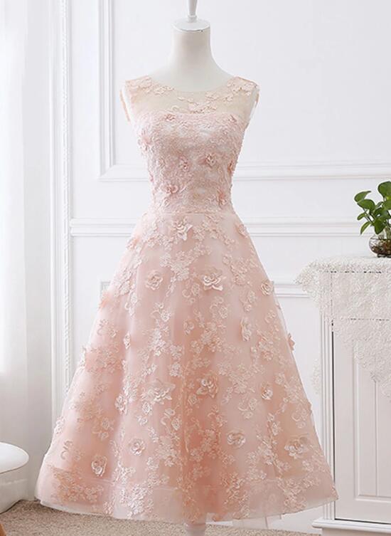 Charming Tea Length Light Pink Lace Wedding Party Dress, Pink Party Dr