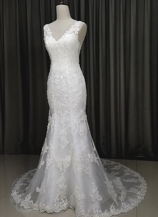 Elegant V-neckline Mermaid Lace Long Wedding Dress, Beach Bridal Gown Cutedressy Elegant V-neckline Mermaid Lace Long Wedding Dress, Beach Bridal Gown Cutedressy