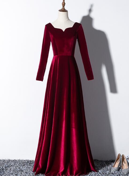 Beautiful Wine Red Velvet Long Sleeves Party Dress, Long Prom Dress Cutedressy Beautiful Wine Red Velvet Long Sleeves Party Dress, Long Prom Dress Cutedressy