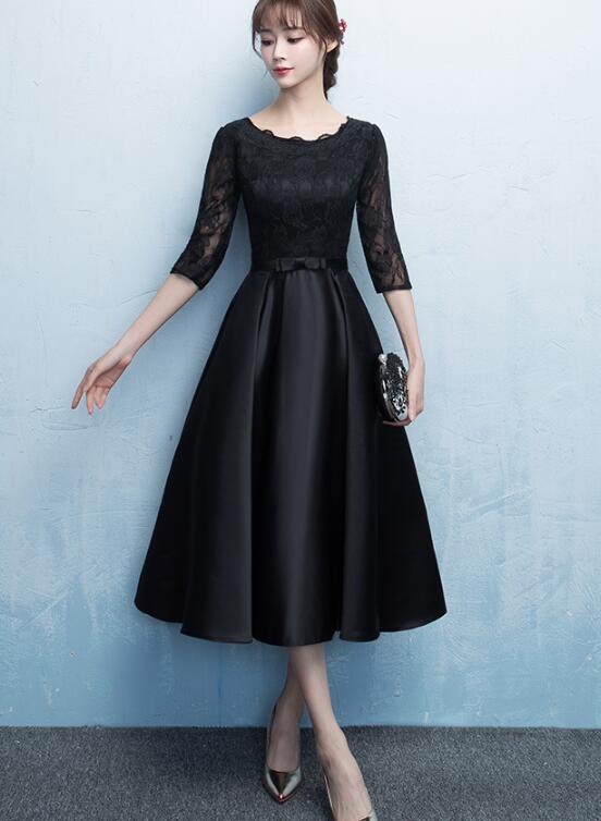 Black Satin Tea Length Party Dress, Black Prom Dress – Cutedressy