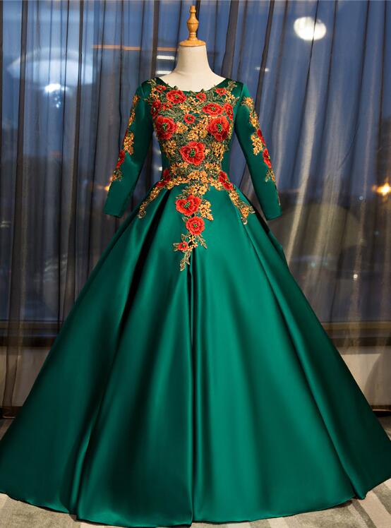 Dark Green Satin Long Ball Gown Sweet 16 Dress, Green Prom Dress Cutedressy Dark Green Satin Long Ball Gown Sweet 16 Dress, Green Prom Dress Cutedressy