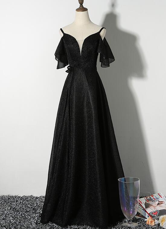 Beautiful Black Straps V-neckline Long Party Dress, Black Formal Gown Cutedressy Beautiful Black Straps V-neckline Long Party Dress, Black Formal Gown Cutedressy