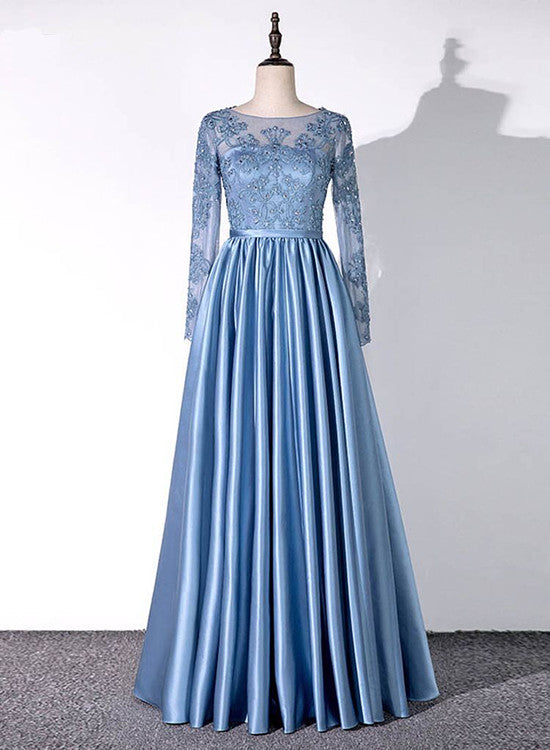 Blue Satin A-line Long Sleeves Party Dress, Blue Evening Gown Cutedressy Blue Satin A-line Long Sleeves Party Dress, Blue Evening Gown Cutedressy