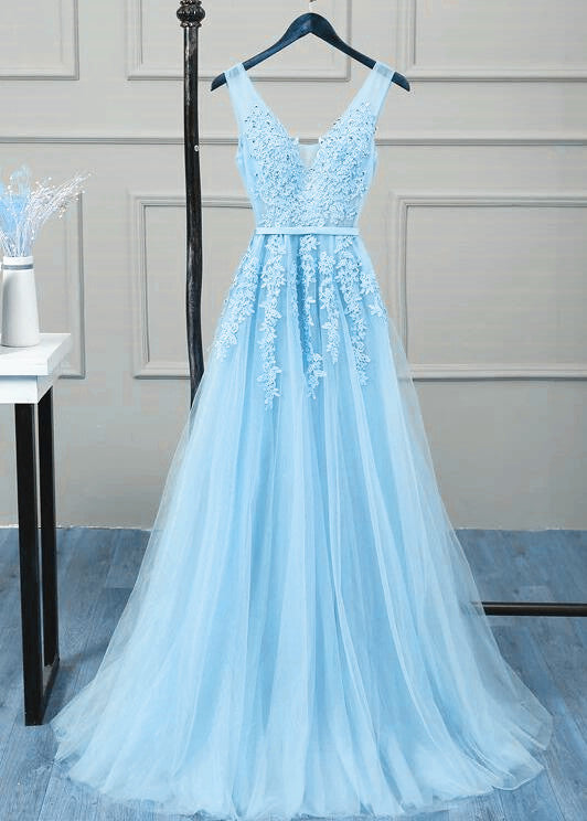 Charming Light Blue V-neckline Tulle Bridesmaid Dress, A-line Prom Dre Cutedressy Charming Light Blue V-neckline Tulle Bridesmaid Dress, A-line Prom Dre Cutedressy