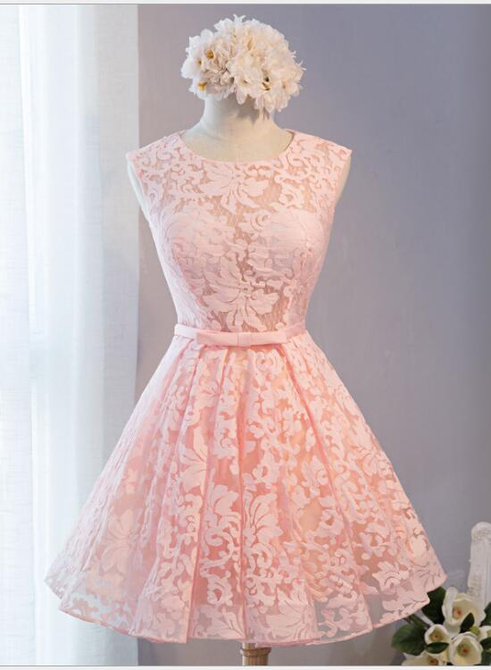 Pink Lace Knee Length Party Dress, Homecoming Dress Short Prom Dress Pink Lace Knee Length Party Dress, Homecoming Dress Short Prom Dress