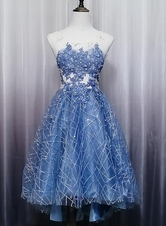 Blue Lace Round Neckline High Low Party Dress, Blue Short Homecoming D Cutedressy Blue Lace Round Neckline High Low Party Dress, Blue Short Homecoming D Cutedressy