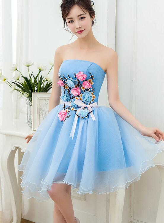 Lovely Blue Organza Short Party Dress with Flowers, Blue Homecoming Dr Cutedressy Lovely Blue Organza Short Party Dress with Flowers, Blue Homecoming Dr Cutedressy