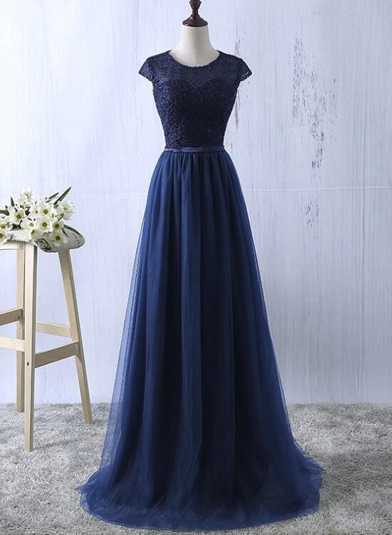 Navy Blue Lace and Tulle Long Bridesmaid Dresses, Pretty Simple Brides