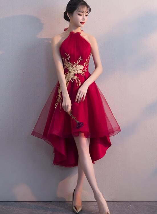 Wine Red Halter High Low Stylish Homecoming Dresses, Red Formal Dress, Wine Red Halter High Low Stylish Homecoming Dresses, Red Formal Dress,