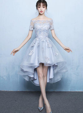 Grey High Low Stylish Applique Homecoming Dress, Cute Party Dresses, High Low Formal Dress
