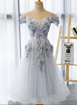 Grey Tulle Tea Length Off Shoulder Elegant Party Dress, Handmade Formal Dress, Formal Dress
