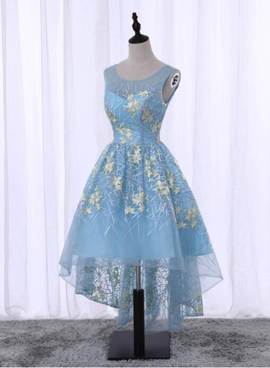 Light Blue High Low Floral Party Dresses, Lovely Formal Dresses, Cute Party Dress